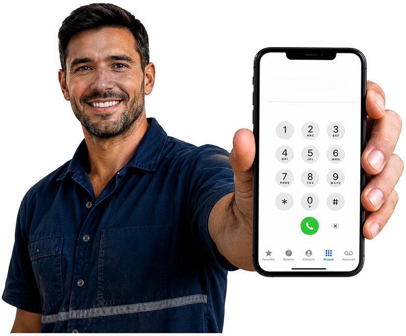 Campbelltown Blocked Drains plumber holding a phone — call 1300 261 965