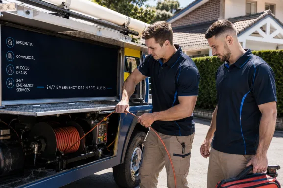 Two plumbers working on a blocked drain in Campbelltown