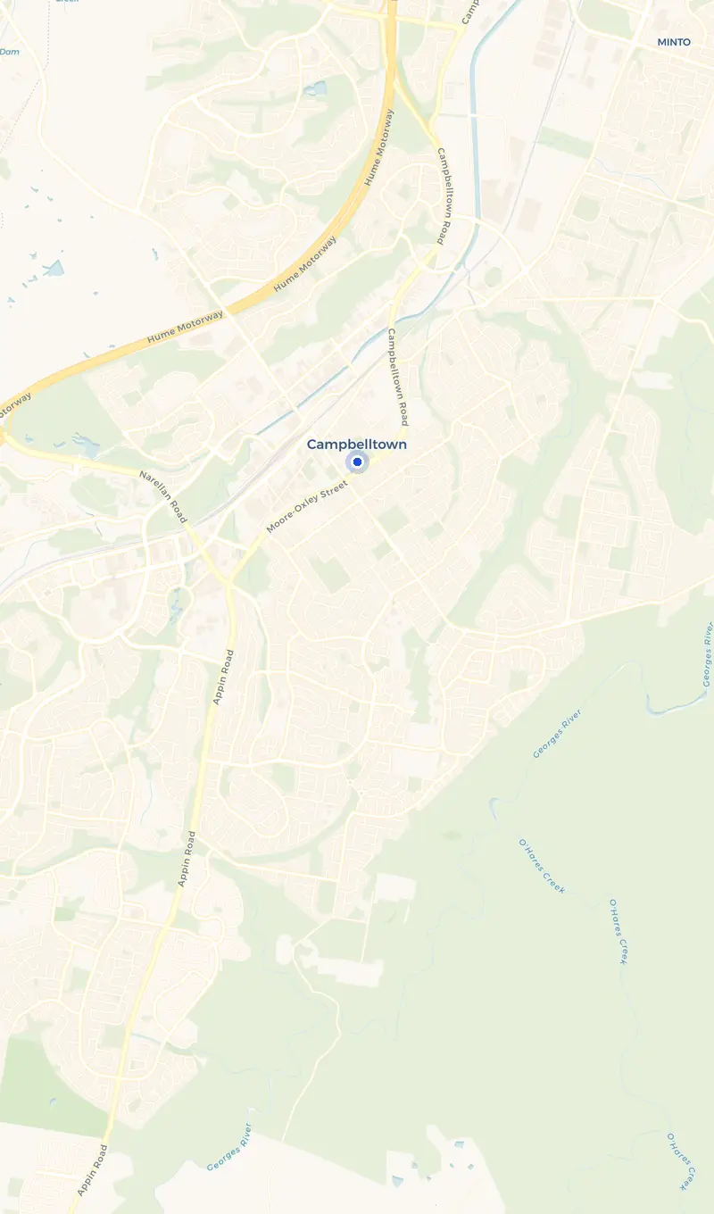 Map of the Campbelltown service area and the surrounding suburbs we cover.