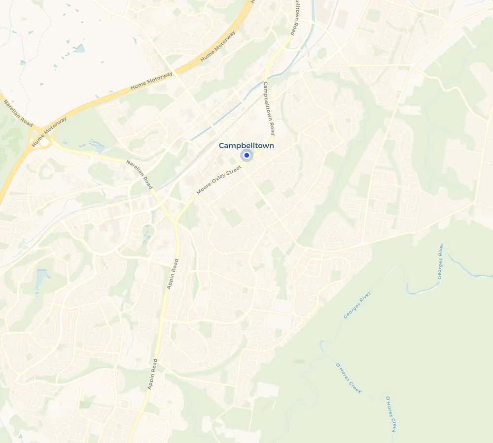 Map of the Campbelltown service area and the surrounding Macarthur, showing Campbelltown and the nearby streets we cover.