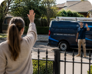 Customer waving goodbye to a Campbelltown Blocked Drains plumber